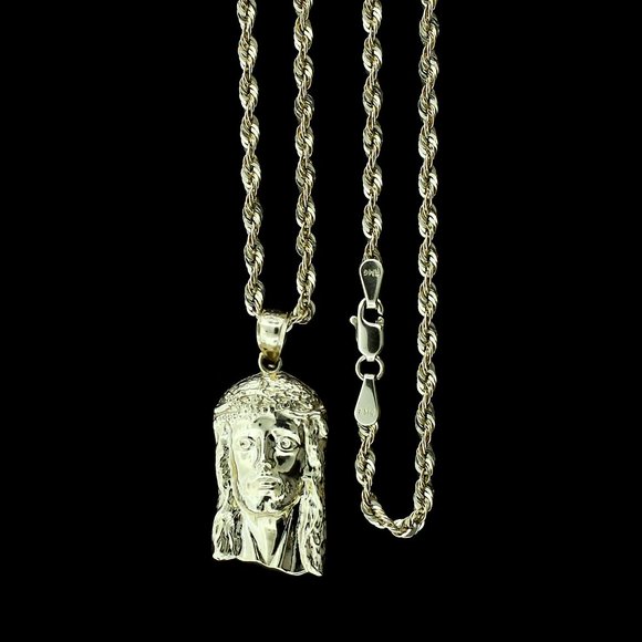 10K Real Gold Rope Chain and Jesus Face Head Pendant Set - Picture 1 of 11